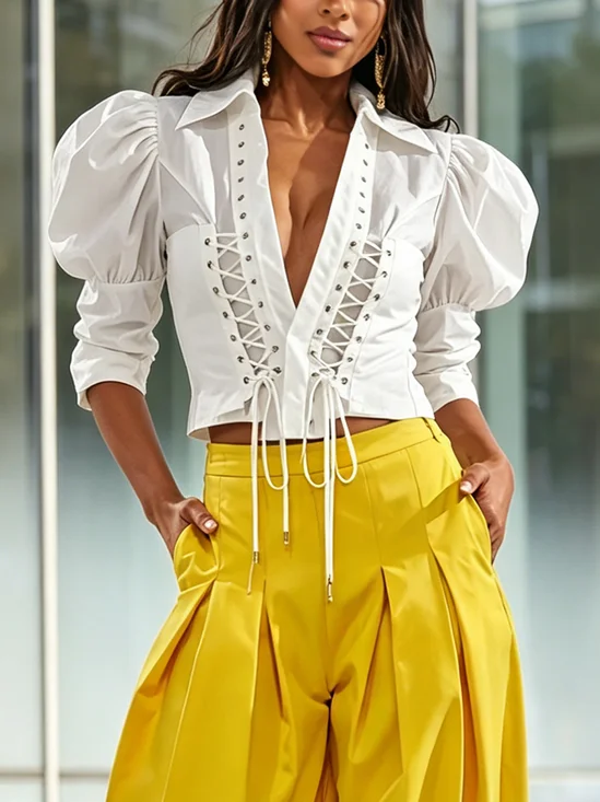 Cotton Urban Plain Lace-up Shirt Collar Puff Sleeve Shirt