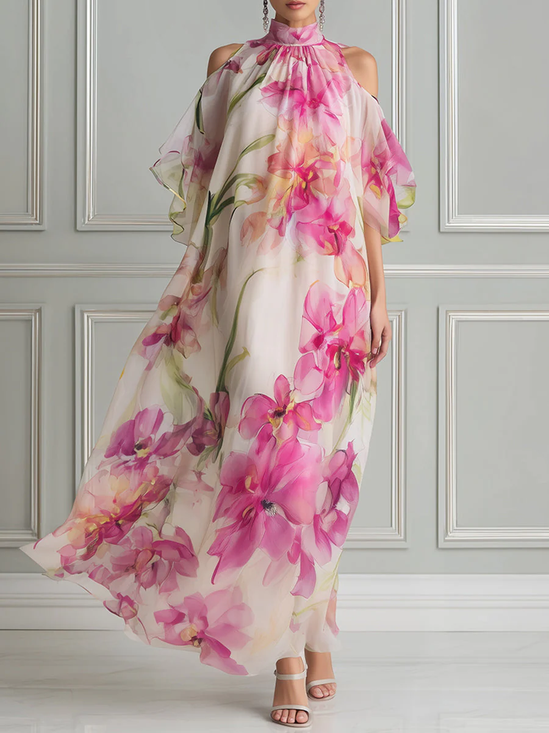 Elegant Floral Printing Cold Shoulder Maxi Dress