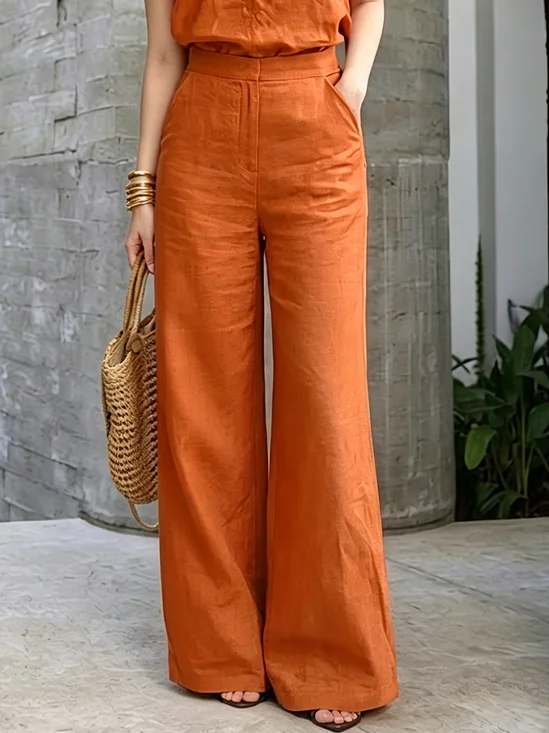 Cotton And Linen Casual Plain Wide Leg Pants