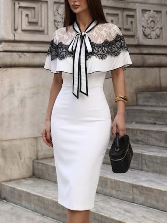 Elegant Color Block Lace Split Joint Ruched Tie Neck Midi Dress
