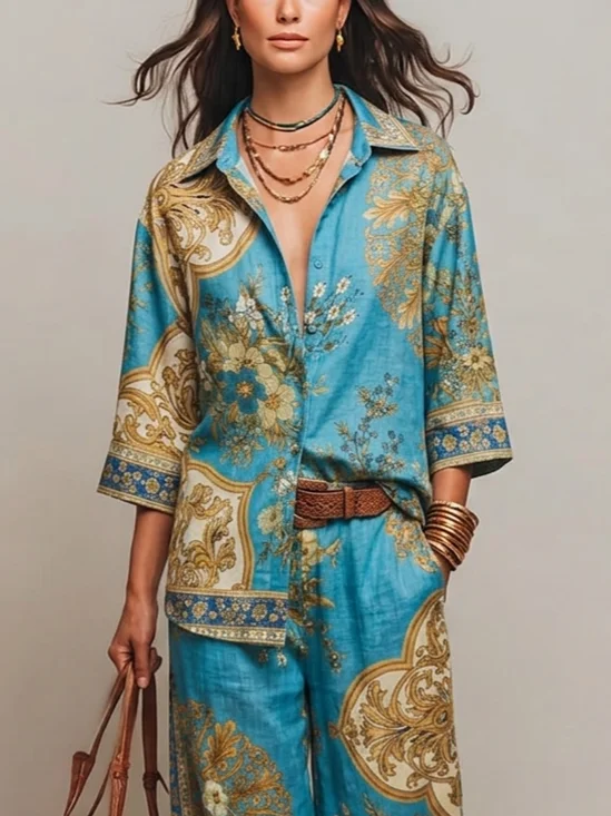 Vacation Ethnic Printing Shirt Collar Shirt