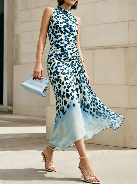 Elegant Leopard Printing Mock Neck Maxi Dress