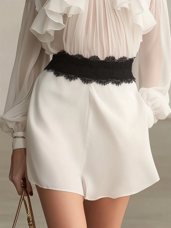 Elegant Color Block Lace Split Joint Straight Pants Shorts