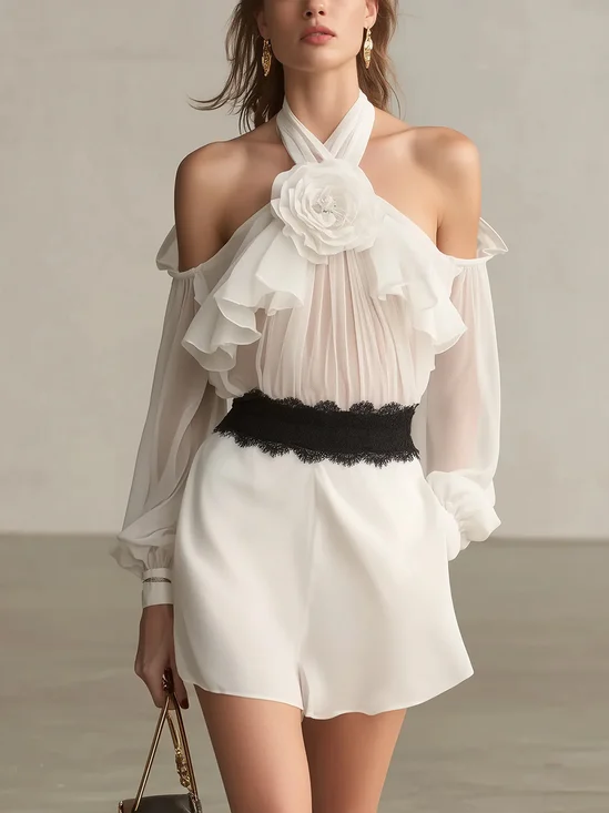 Elegant Plain 3D Floral Halter Neck Off Shoulder Sleeve Blouse
