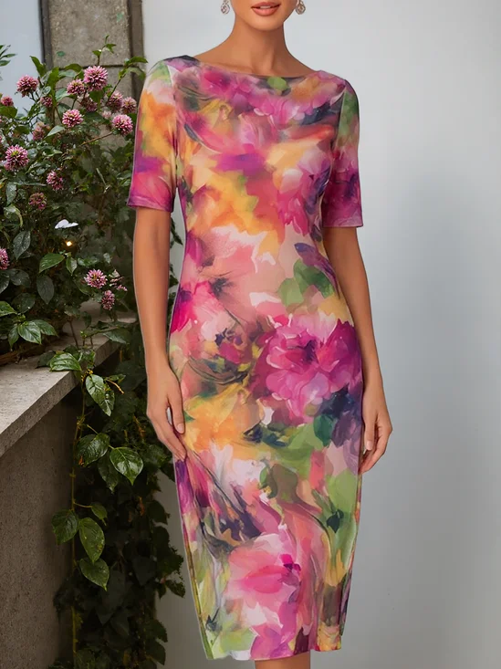 Elegant Floral Printing Boat Neck Midi Dress