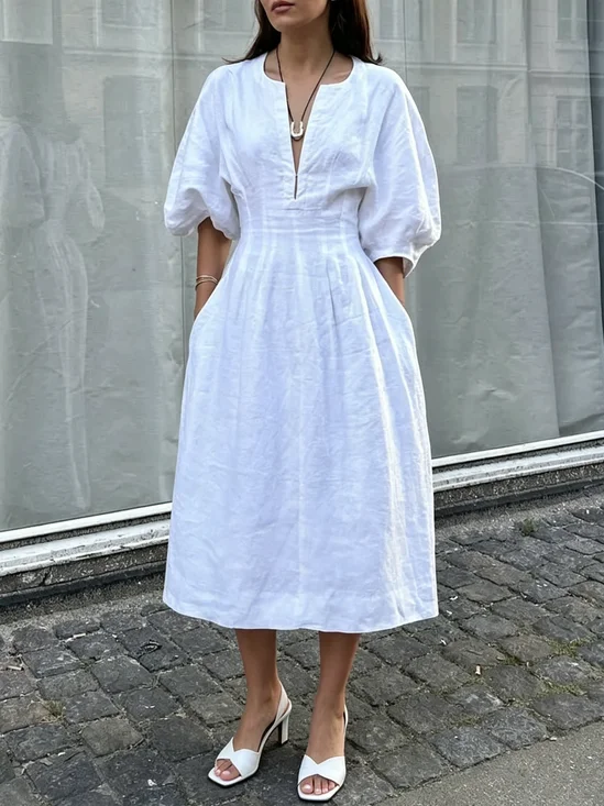Urban Plain Notched Cotton And Linen Midi Dress