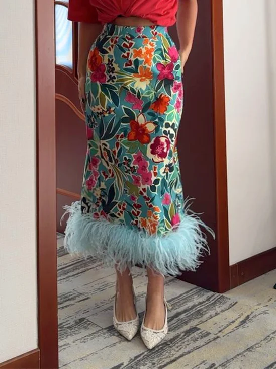 Elegant Printing Geometric Feather-trimmed Midi Skirt