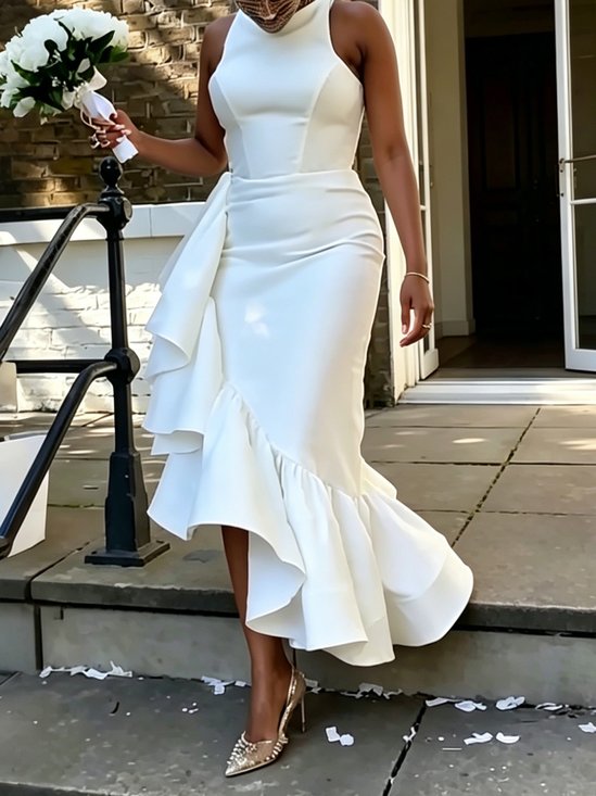 Elegant Plain Irregular Craftsmanship Crew Neck Maxi Party Dress
