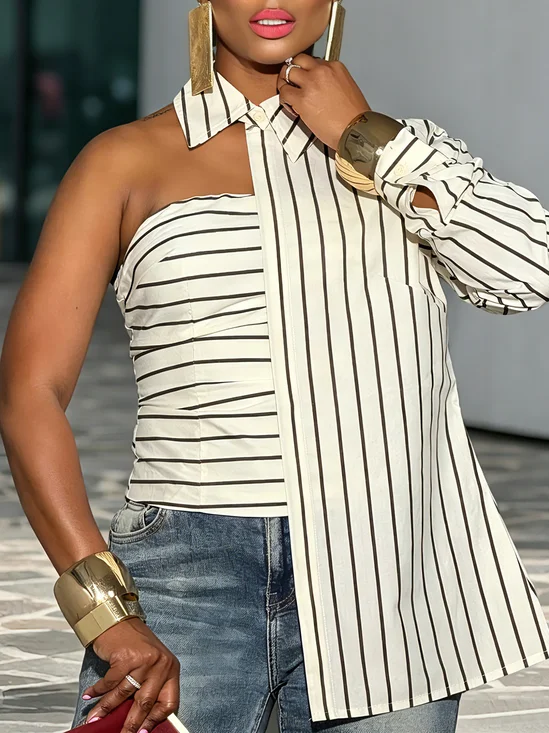 Urban Striped Irregular Craftsmanship One Shoulder Sleeve Blouse