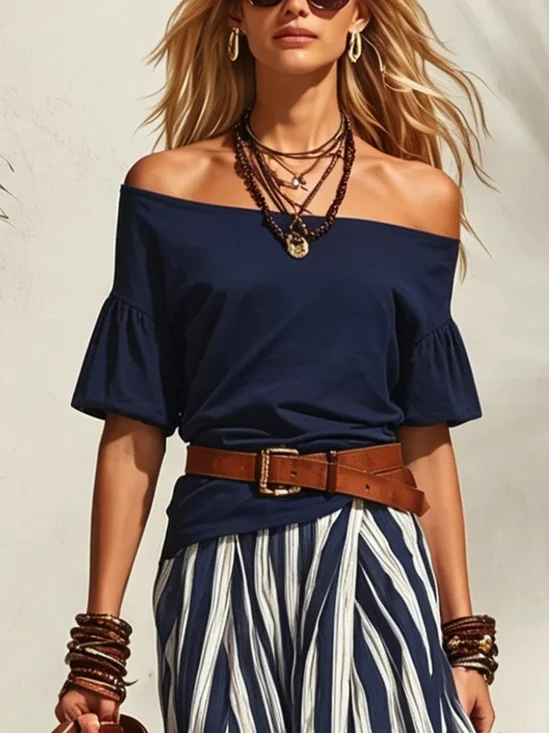 Cotton Elegant Plain Off The Shoulder T-shirt