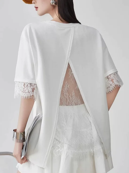 Cotton Casual Plain Lace T-shirt