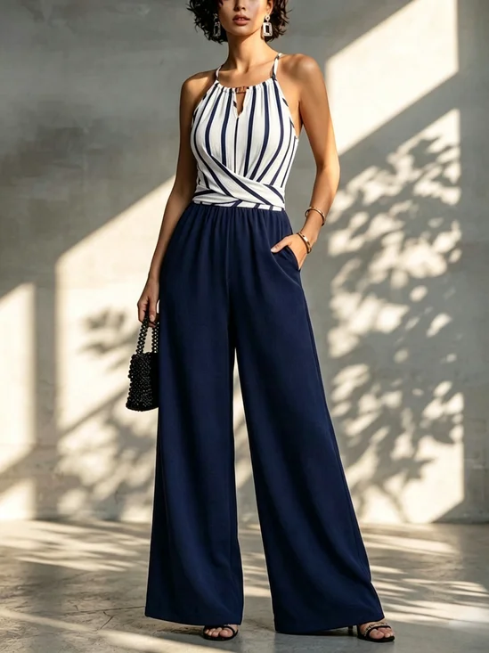 Casual Split Joint Color Block Halter Neck Tank Jumpsuit