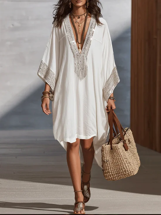 Cotton And Linen Urban Plain Glitter Split Joint V Neck Midi Dress