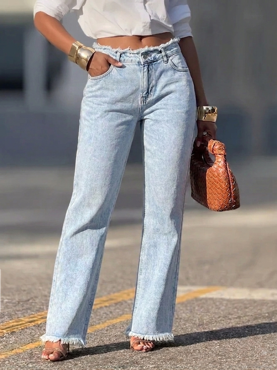 Casual Regular Fit Plain Brushed Jeans
