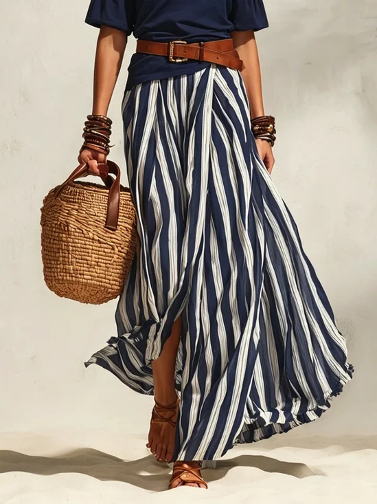 Elegant Printing Striped Maxi Skirt No With Belt