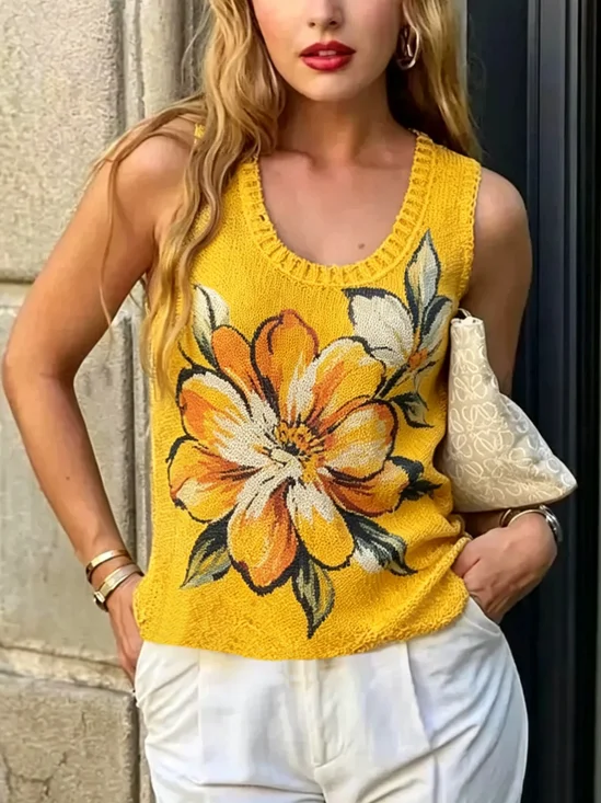 Casual Floral Printing Crew Neck Knit Top