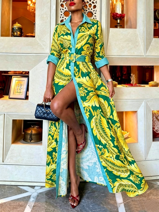 Elegant Plants Printing  Maxi Dress With Belt