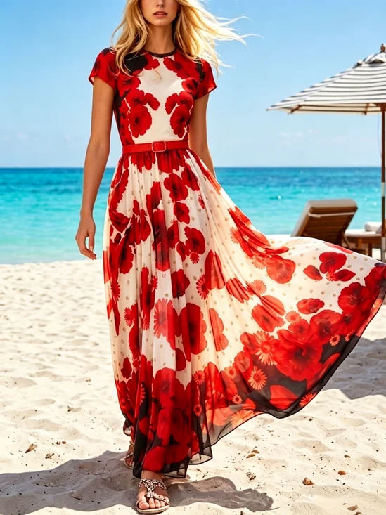 Elegant Floral Printing  Maxi Dress With Belt