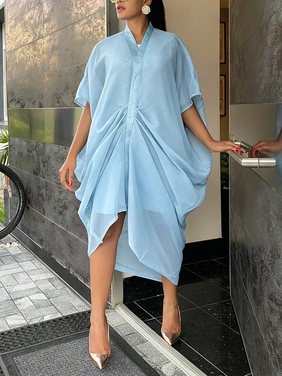 Elegant Plain Ruched V Neck Midi Dress