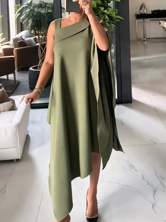 Casual Plain Irregular Craftsmanship Asymmetrical Midi Dress