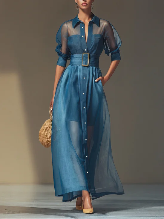 Soft Tencel  Denim Elegant Plain Puff Sleeve Split Joint Shirt Collar Maxi Dress With Belt