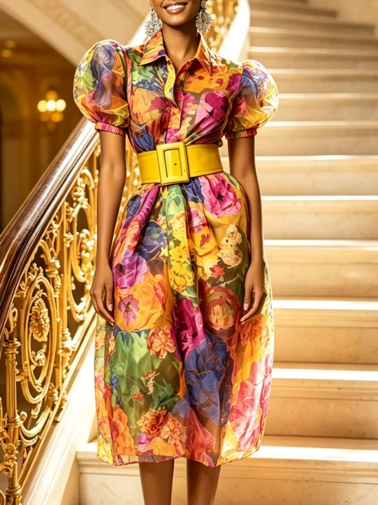 Elegant Floral Puff Sleeve Printing Shirt Collar Midi Dress With Belt