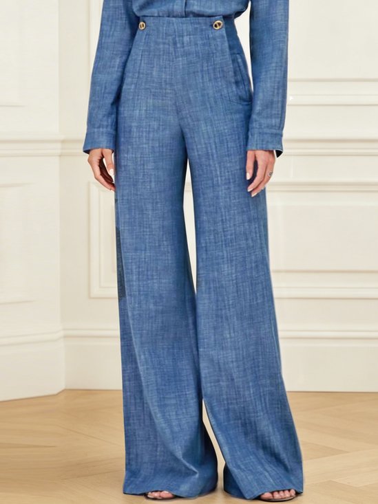 Cotton And Linen Elegant Grommets Plain Buttoned Straight Pants
