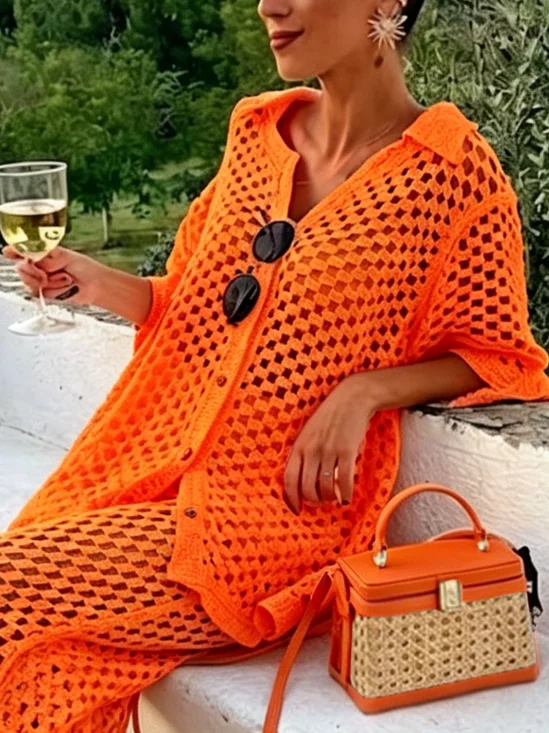 Vacation Plain Eyelet Shawl Collar Knit Top