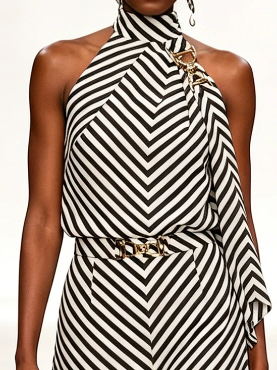 Urban Geometric Color Block Striped Halter Neck Tank Top