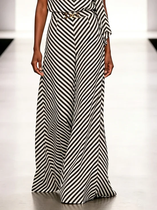 Urban Striped Printing Geometric Color Block Grommets Wide Leg Pants