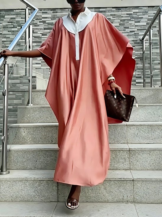 Elegant Color Block Split Joint Shirt Collar Maxi Dress