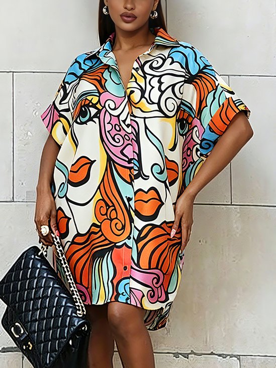 Casual Random Print Printing Shirt Collar Knee Length Dress