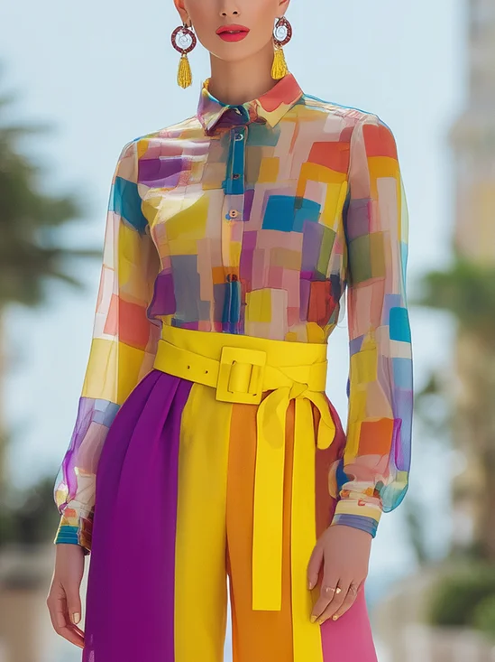 Elegant Colorblock Printing Shirt Collar Shirt