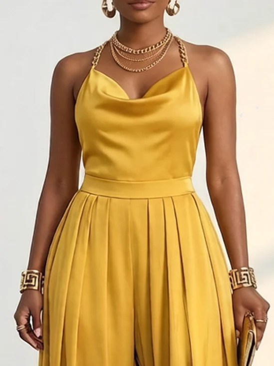 Satin Urban Plain Grommets Cowl Neck Tank Top