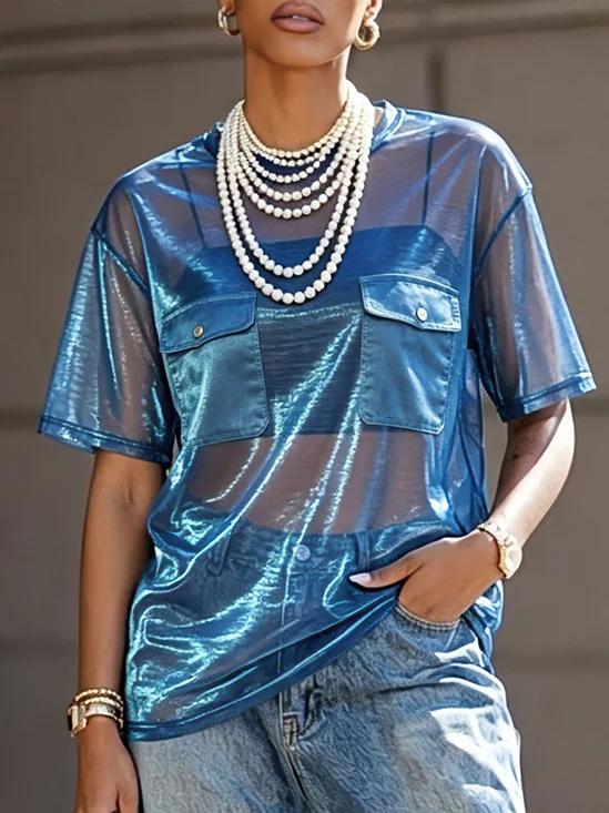 Casual Plain Buttoned Crew Neck Blouse No Inner Wear