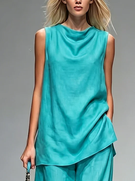 Cotton And Linen Casual Plain Ruched  Tank Top