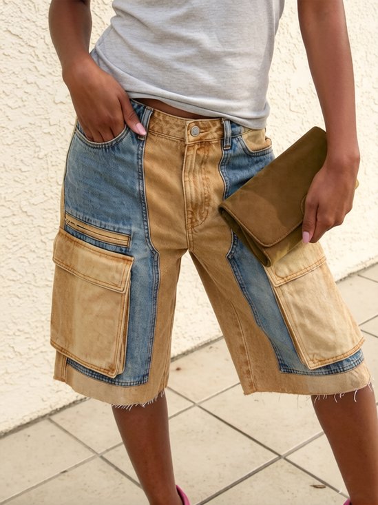 Urban Color Block Buttoned Split Joint Distressing Denim Shorts