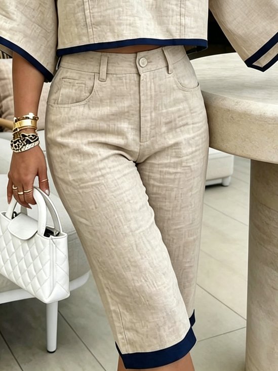 Cotton And Linen Casual Color Block Split Joint Straight Pants Shorts