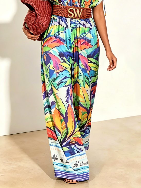 Vacation Floral Printing Wide Leg Pants No With Belt