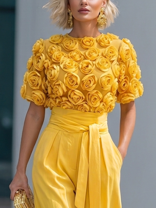 Elegant Plain 3D Floral Blouse