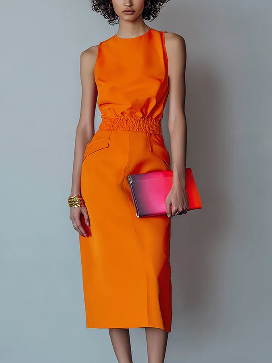 Urban Plain Scramble Crew Neck Midi Dress