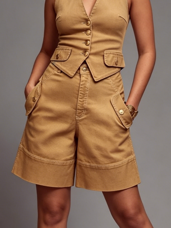 Plain Casual Buttoned Cotton Denim Shorts