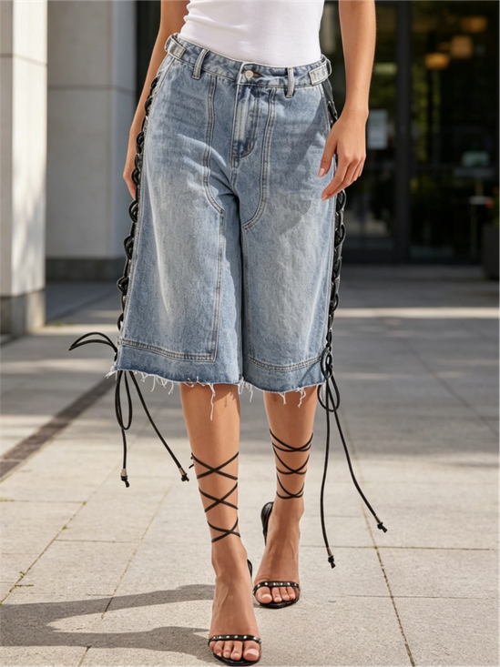 Lace-Up Casual Denim Shorts
