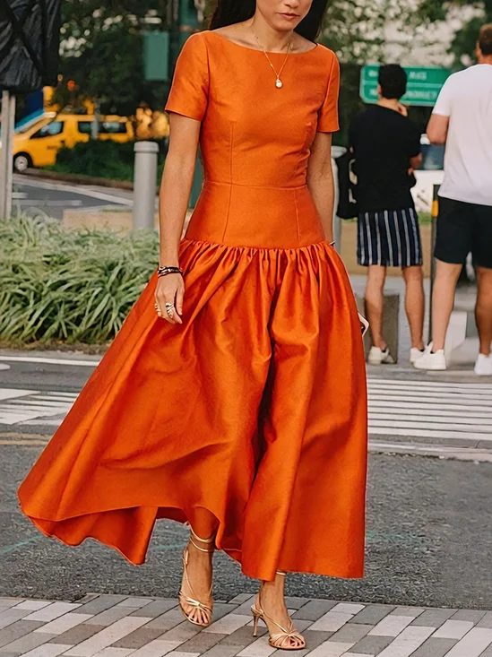 Urban Plain Ruched Boat Neck Maxi Dress