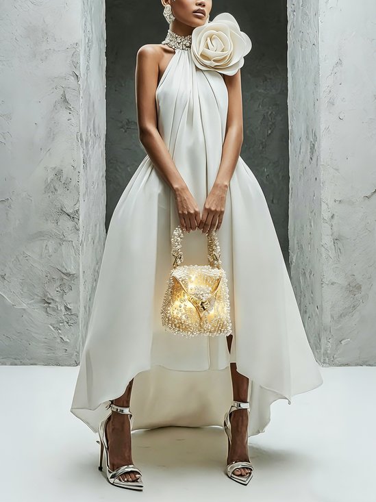 Elegant Plain 3D Floral Halter Neck Maxi Party Dress