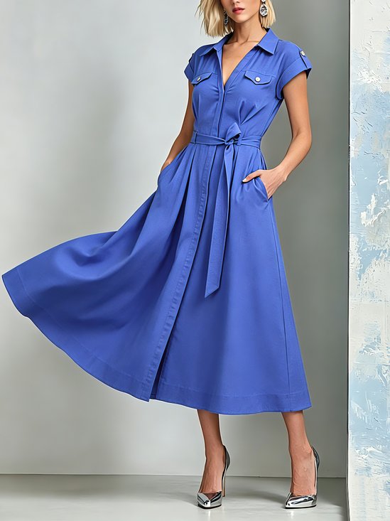Cotton And Linen Casual Plain Pockets Buttoned Midi Dress With Belt