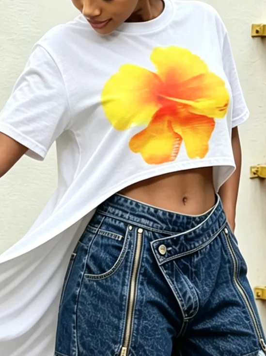 Casual Floral Printing Crew Neck T-shirt