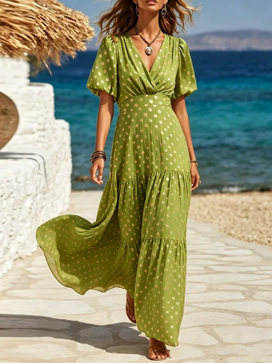 Elegant Polka Dots V Neck Maxi Dress