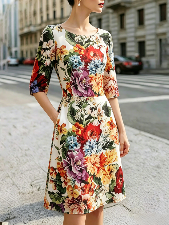 Elegant Floral Printing  Knee Length Dress