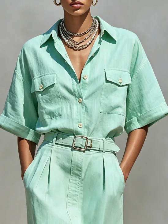 Cotton And Linen Urban Plain Buttoned Shirt